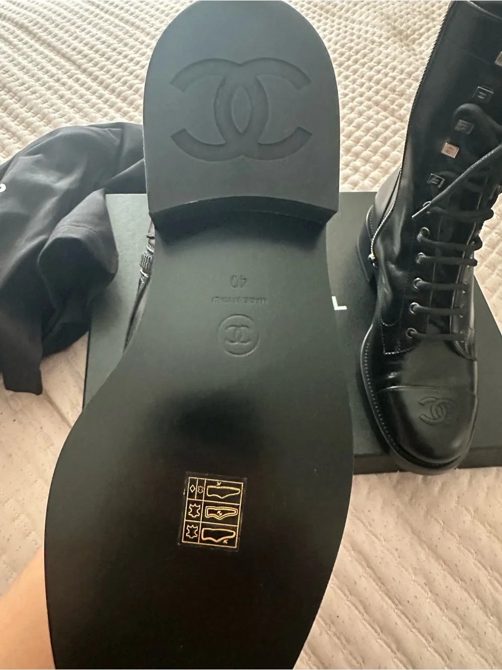 CHANEL Black Leather Lace-Up CC Combat Boots with Logo Toe